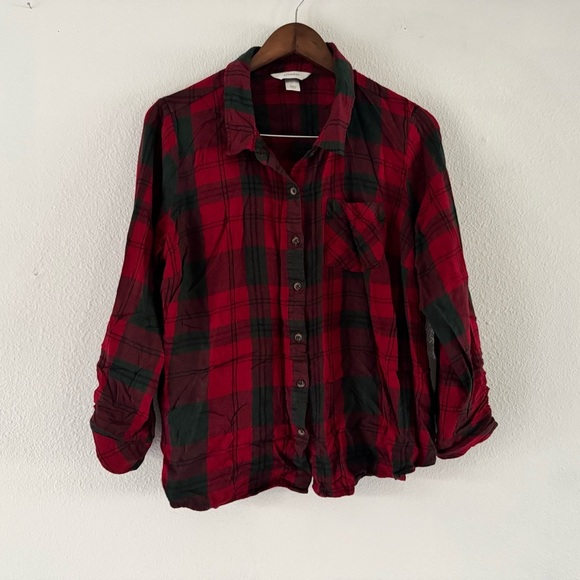 CJ BANKS Red Green Plaid Button Up Shirt Plus Size 1X Flannel Tartan Cozy Soft - Picture 9 of 9